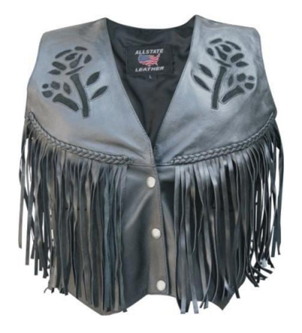 (image for) Ladies black rose Analine Cowhide braided vest with fringe